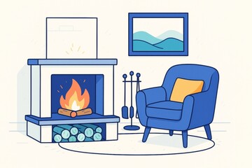 Naklejka premium Cozy living room interior with blue armchair and fireplace, warm flame and abstract wall art on light background in soft illustration style. Ai generative