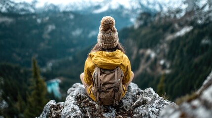 A solo adventurer sits atop a rocky outcrop, wearing a yellow jacket and backpack, gazing over an expansive mountain view filled with natural beauty and tranquility.