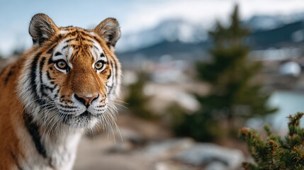 Obraz premium This striking close-up captures a majestic tiger gazing curiously, showcasing its brilliant fur patterns and powerful presence in a serene natural setting.