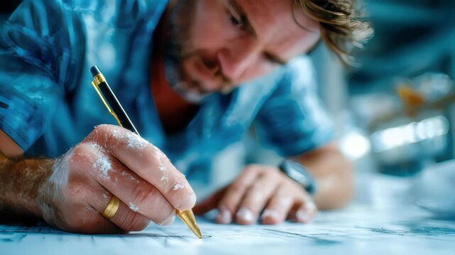 Architect working on a blueprint, sketching detailed plans on a large table in a workshop