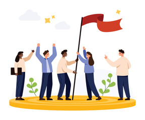 Group of diverse people celebrating success together, raising a red flag on a podium, teamwork and victory concept, isolated on white background vector illustration