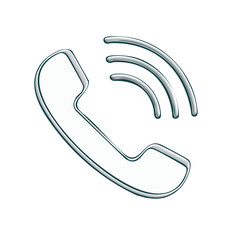 Cartoon graphic of a ringing telephone handset with curved radiating signal lines.