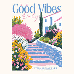 Vintage hand drawn sketch of Amalfi Coast Italy for t-shirt print. Summer vacation vector illustration with typography. European travel artwork with typography, holidays outdoor artwork for t shirt © MdAlImran