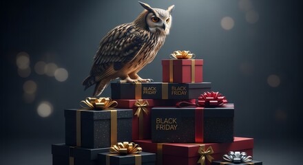 Owl standing on black and red gift box stack. Black Friday sale event concept with discount and promotion display. Holiday shopping.