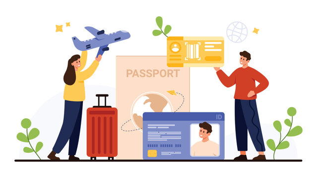 Travel essentials including passport, ID card, boarding pass, suitcase, and airplane symbolizing international journey preparation, personal identification, and secure border crossing isolated on
