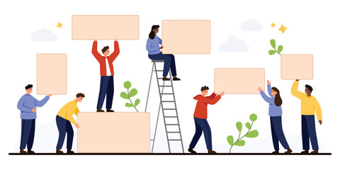 Group of diverse people holding blank posters and signs, standing and sitting on ladders, teamwork and communication concept, isolated on white background vector illustration
