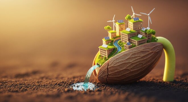 Macro seed sprouting into a miniature eco city with green roofs and solar energy, glowing warm light and clean copyspace for sustainable themes.
