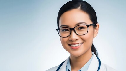Close-up portrait of a smiling young Asian female doctor with glasses and a stethoscope, radiating confidence and professionalism in a healthcare setting, offering a welcoming presence