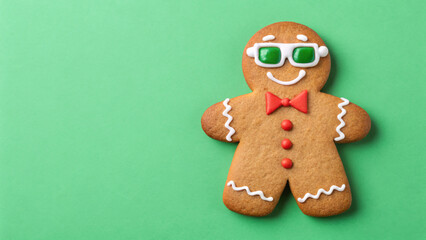 Fun gingerbread man decoration with green glasses and a red bow tie on a bright green background for holiday cheer christmas greeting card with copyspace
