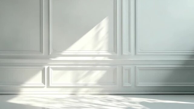 Empty Room Interior with White Walls Moldings Baseboards and Sunlight Through Window Casting Abstract Shadow Patterns on Surface in Minimalist Style for Backgrounds