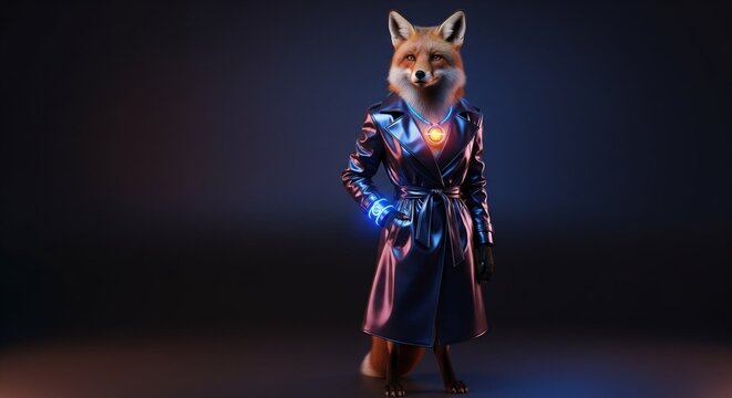 High-fashion fox in a metallic trench coat with glowing accents on a dark gradient backdrop, offering a sleek modern aesthetic for premium branding.