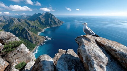 A majestic seagull stands on rocky cliffs, gazing over a stunning blue ocean scene surrounded by mountains, symbolizing freedom and the beauty of nature.