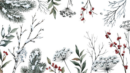 A delicate watercolor illustration of winter botanical elements including snow-dusted branches, pine needles, red berries, and dried seed heads.