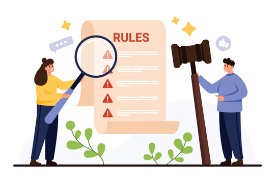 Two characters examining a rules document with magnifying glass and gavel, highlighting law, compliance, and regulation concepts, isolated on white background vector illustration