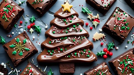 Chocolate brownies Christmas tree with chocolate icing and festive sprinkles on stone table