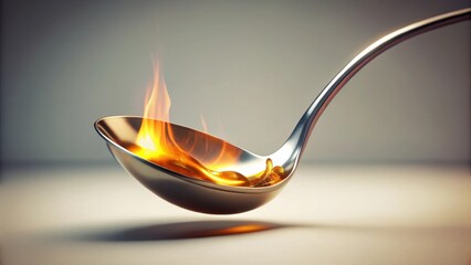 A metallic ladle gracefully holds a fiery amber liquid, its vibrant flames dancing above the surface, creating a captivating visual spectacle of culinary artistry.