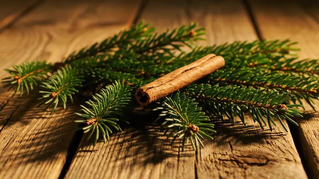 Cinnamon stick with fir tree branch on wooden table background.