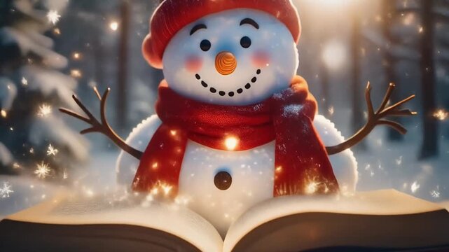 A happy snowman wearing a red scarf and hat, flipping through a storybook that emits sparkle