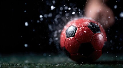 An intense close-up shot of a red soccer ball as it is kicked, kicking up a cloud of dust, capturing the action and excitement of sports.