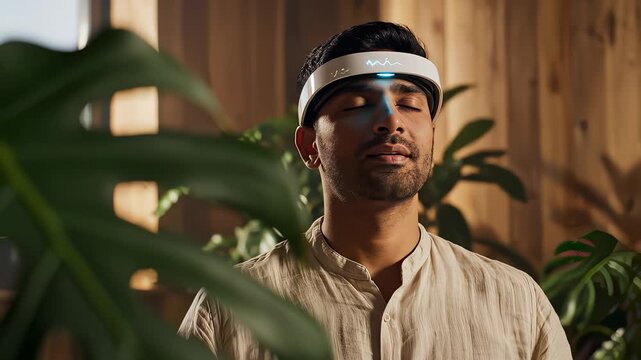 Man Meditating With Headband, Closed Eyes and Relaxing in an Apartment