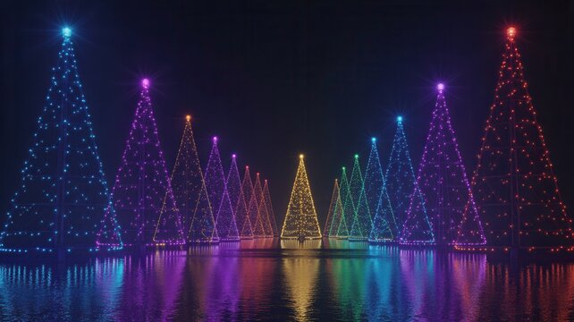 Magical row of illuminated christmas trees in vibrant rainbow colors reflecting on water at night - Powered by Adobe