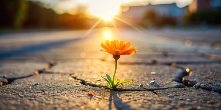A resilient blossom pushing through a cracked pavement, bathed in the warm glow of a setting sun, symbolizes strength and perseverance.