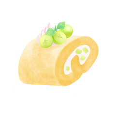 Roll cake with cream and sweet green grapes