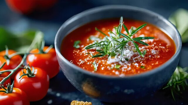 Warm tomato soup topped with cheese and fresh herbs, surrounded by cherry tomatoes and natural ingredients