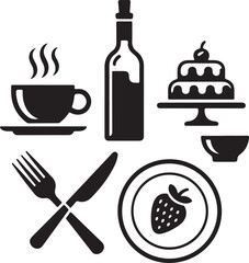 Dining icons, restaurant food, wine bottle, coffee cup, dessert cake, meal plate