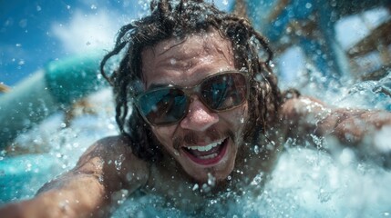 Fototapeta premium A thrill-seeker enjoying a fun ride down a water slide, capturing the excitement and joy of flying through the water, representing the essence of summer fun and adventure.