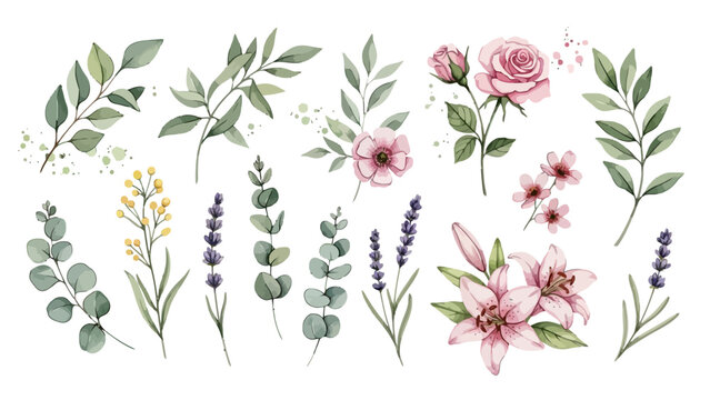 A beautiful collection of watercolor illustrations featuring various flowers and leaves like roses, lilies, and eucalyptus on a white background.