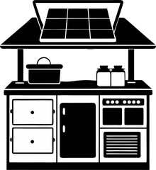 Solar-powered kitchen illustration silhouette vector black , white background