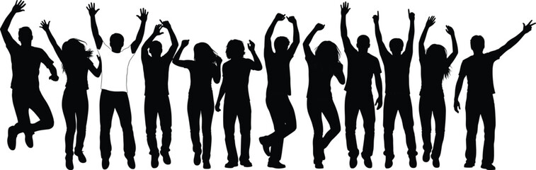 Large group of happy young people jumping silhouette vector illustration, crowd dancing at party with hands up isolated on white background