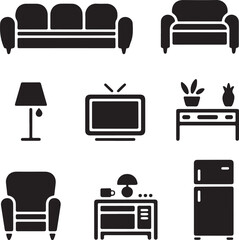 Furniture icons, living room, sofa couch, tv screen, lamp light, refrigerator appliance