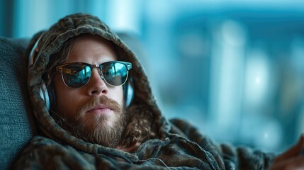 A relaxed man wearing sunglasses and a cozy hoodie embodies tranquility, creating a laid-back scene that reflects comfort and a love for music in a modern space.