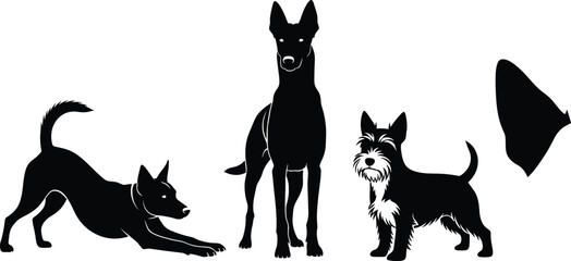 Set of cute dog silhouettes vector illustration, playful shepherd and terrier breeds isolated on white background for pet logo design