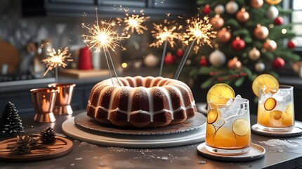 Christmas Day festive homemade bundt cake with sparklers and winter ice refreshing citrus cocktails in copper goblets on kitchen counter.