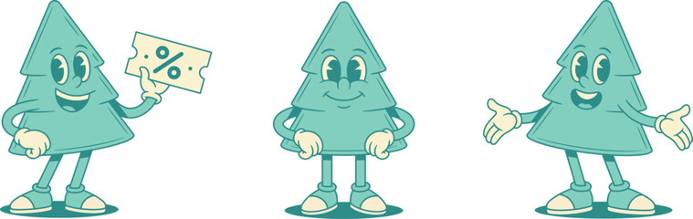 Comic happy green fir tree cartoon character set contoured vector flat illustration. Funky smiling spruce natural plant mascot shopping sale welcome greeting positive emotion personage