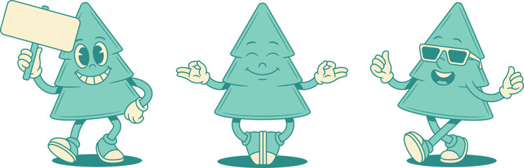 Funny green fir tree cartoon character set contoured vector flat illustration. Smiling comic spruce natural plant mascot with signboard shopping sale yoga meditation cool in sunglasses walking