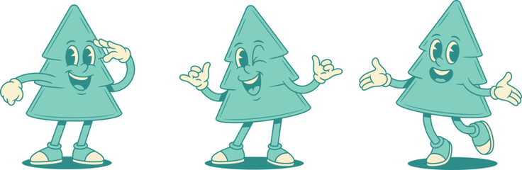 Happy cool green fir tree cartoon character set contoured vector flat illustration. Smiling comic spruce natural plant mascot looking forward relaxing having fun positive welcome greeting