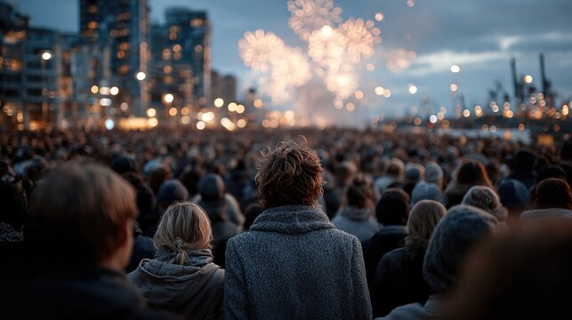 A crowded gathering experiences the excitement of a fireworks display during a festive event, capturing celebrations and shared happiness in a public space.