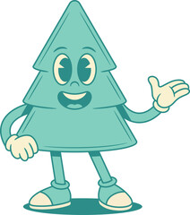 Positive Christmas green fir tree cartoon character presenting contoured vector flat illustration. Smiling happy comic spruce natural plant mascot greeting welcome advertising presentation