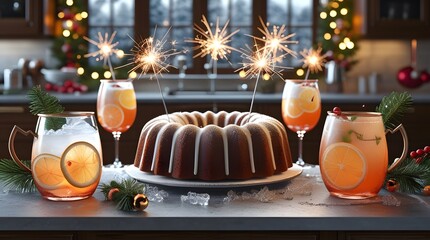 Christmas Day festive homemade bundt cake with sparklers and winter ice refreshing citrus cocktails in copper goblets on kitchen counter.
