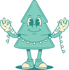 Smiling Christmas green tree cartoon character with garland contoured vector flat illustration. Happy December holiday spruce natural plant mascot with illuminated decoration festive celebrate