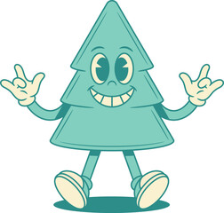 Cool comic green fir tree Christmas cartoon character rock gesture contoured vector flat illustration. Funky smiling cute spruce natural plant mascot greeting having fun laughing