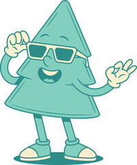 Funky cool green fir tree Christmas cartoon character in sunglasses contoured vector flat illustration. Smiling cheerful spruce natural plant mascot in summer eyeglasses ok okay good gesture