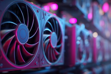 Close-up of mining farm graphics cards with pink and blue neon lights, concept for cryptocurrency mining, blockchain technology and data processing