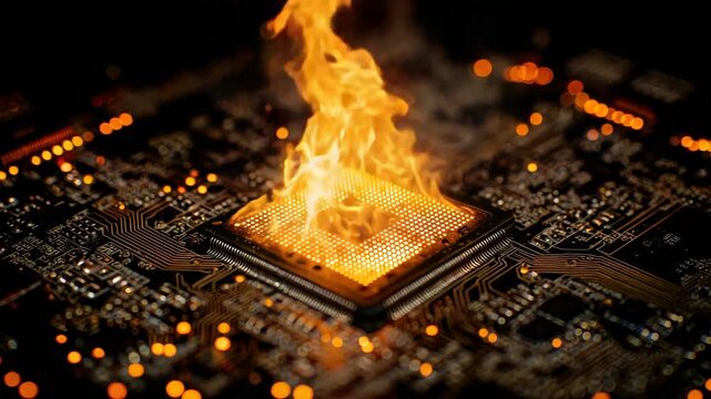 Burning Microchip with Dark Background in High Definition Detailed Close Up Shot Computer Technology Under Stress and Overheating Concept Orange Flame Detail