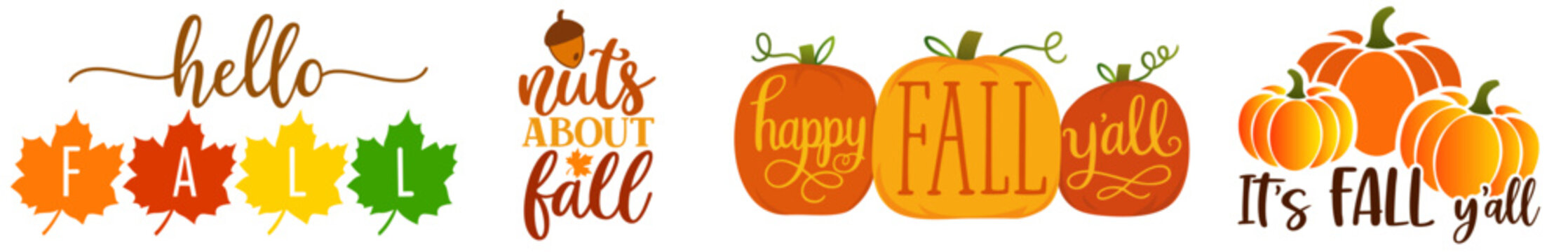 Fall Quotes & Autumn Lettering Bundle &mdash; Hello Fall, Happy Fall Y&rsquo;all, It&rsquo;s Fall Y&rsquo;all, Pumpkin Sayings and Leaf Illustrations Set