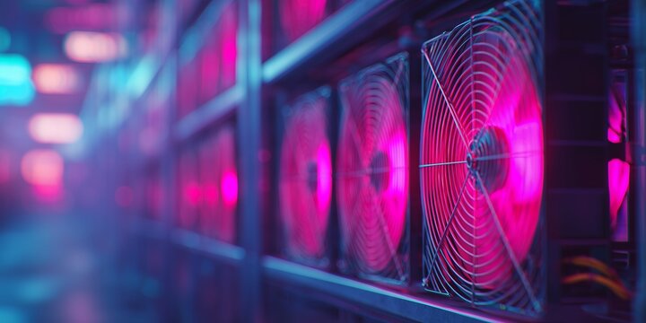 Mining farm equipment detail with multiple fans in perspective and blue pink lighting, concept for cryptocurrency mining, data processing and server cooling